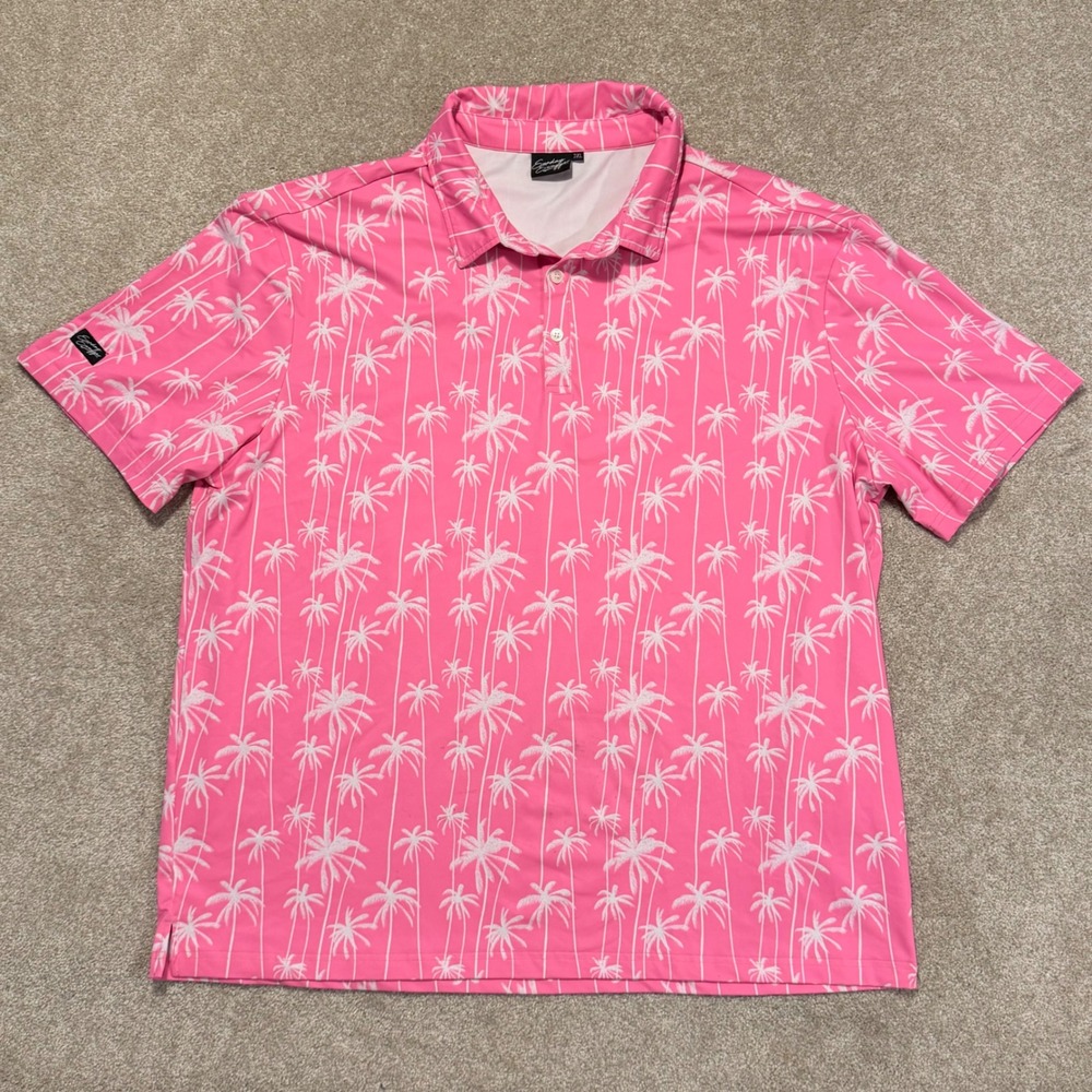 Sunday Swagger Polo Shirt Mens 3XL Pink Palm Tree Print Golf Performance Stretch